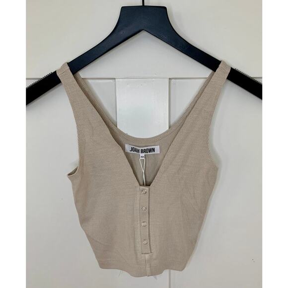 Joah Brown Crop Snap Tank in Khaki Beige Size S/M Pullover Ribbed Knit Snap - Picture 1 of 5